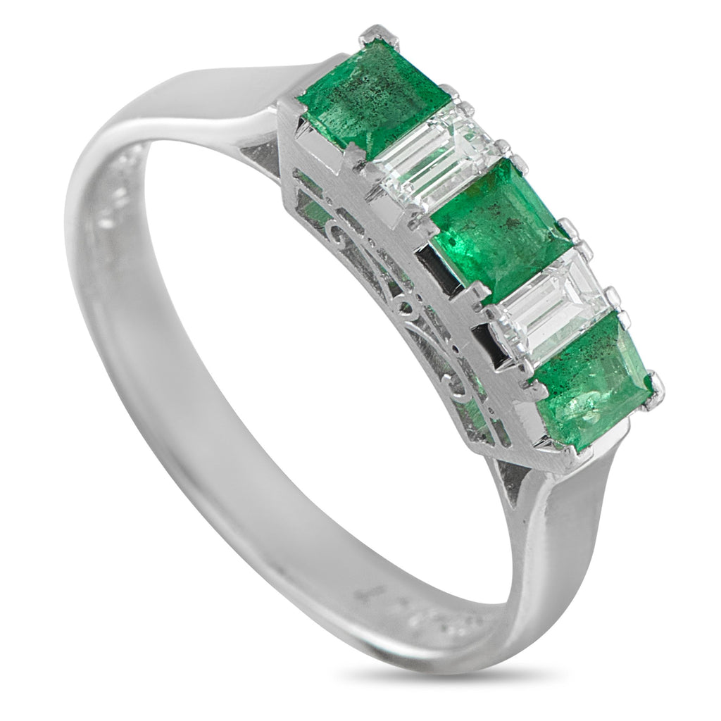 Platinum 0.23ct Diamond and Emerald Ring - This impeccably crafted ring will continually captivate. Diamonds totaling 0.23 carats alternate with Emeralds totaling 0.47