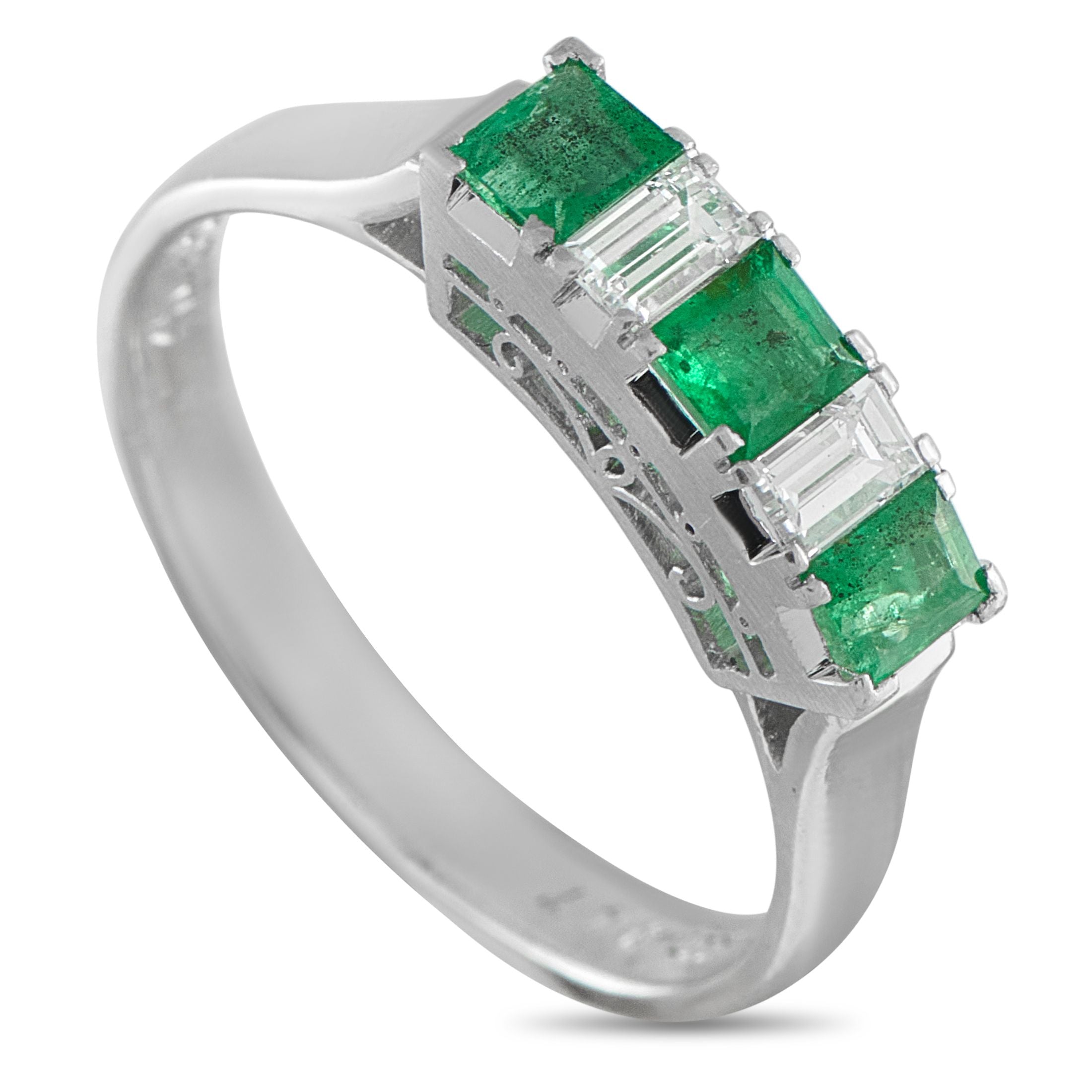 Platinum 0.23ct Diamond and Emerald Ring - This impeccably crafted ring will continually captivate. Diamonds totaling 0.23 carats alternate with Emeralds totaling 0.47