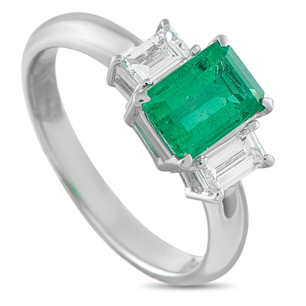 Platinum 0.51ct Diamond and Emerald Three-Stone Ring