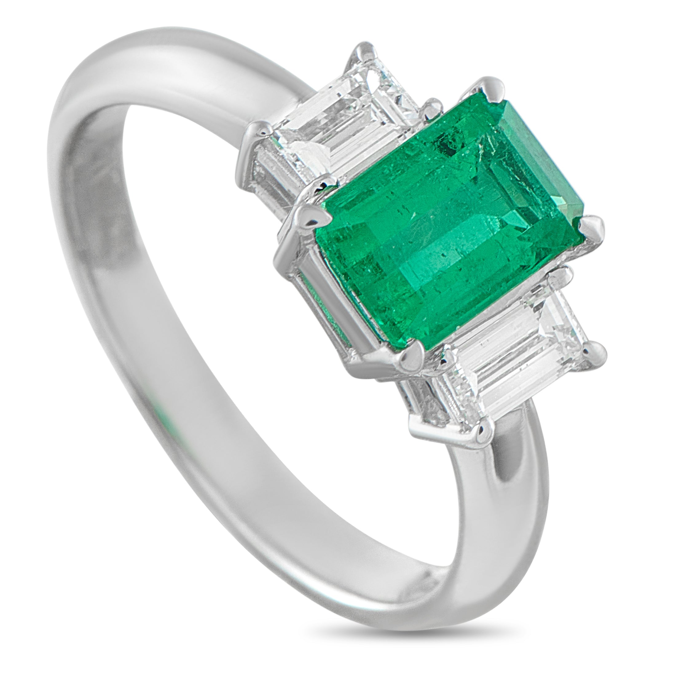 Platinum 0.51ct Diamond and Emerald Three-Stone Ring