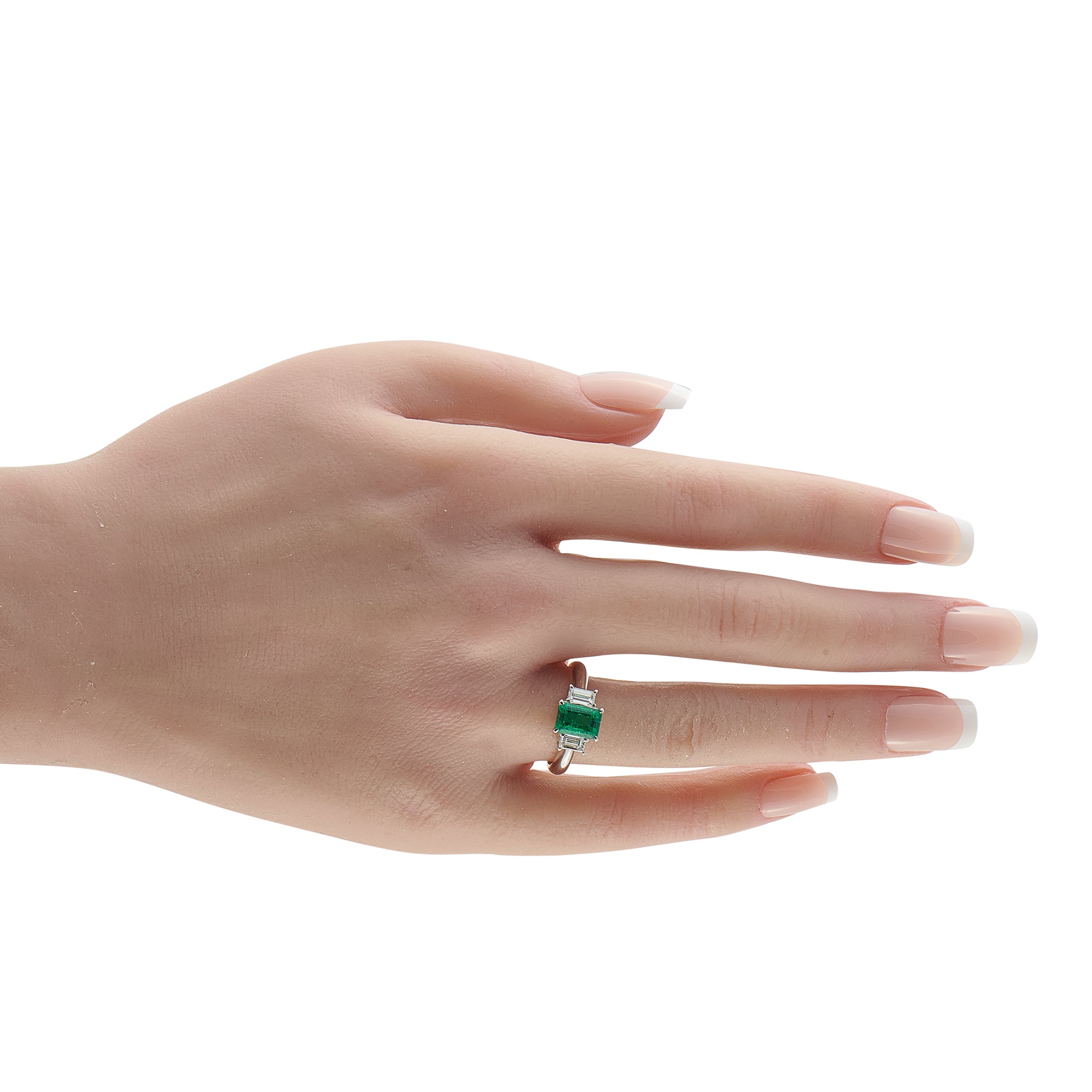 Platinum 0.51ct Diamond and Emerald Three-Stone Ring
