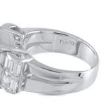 Platinum ring band with engraved hallmark and emerald-side prong detail with diamonds