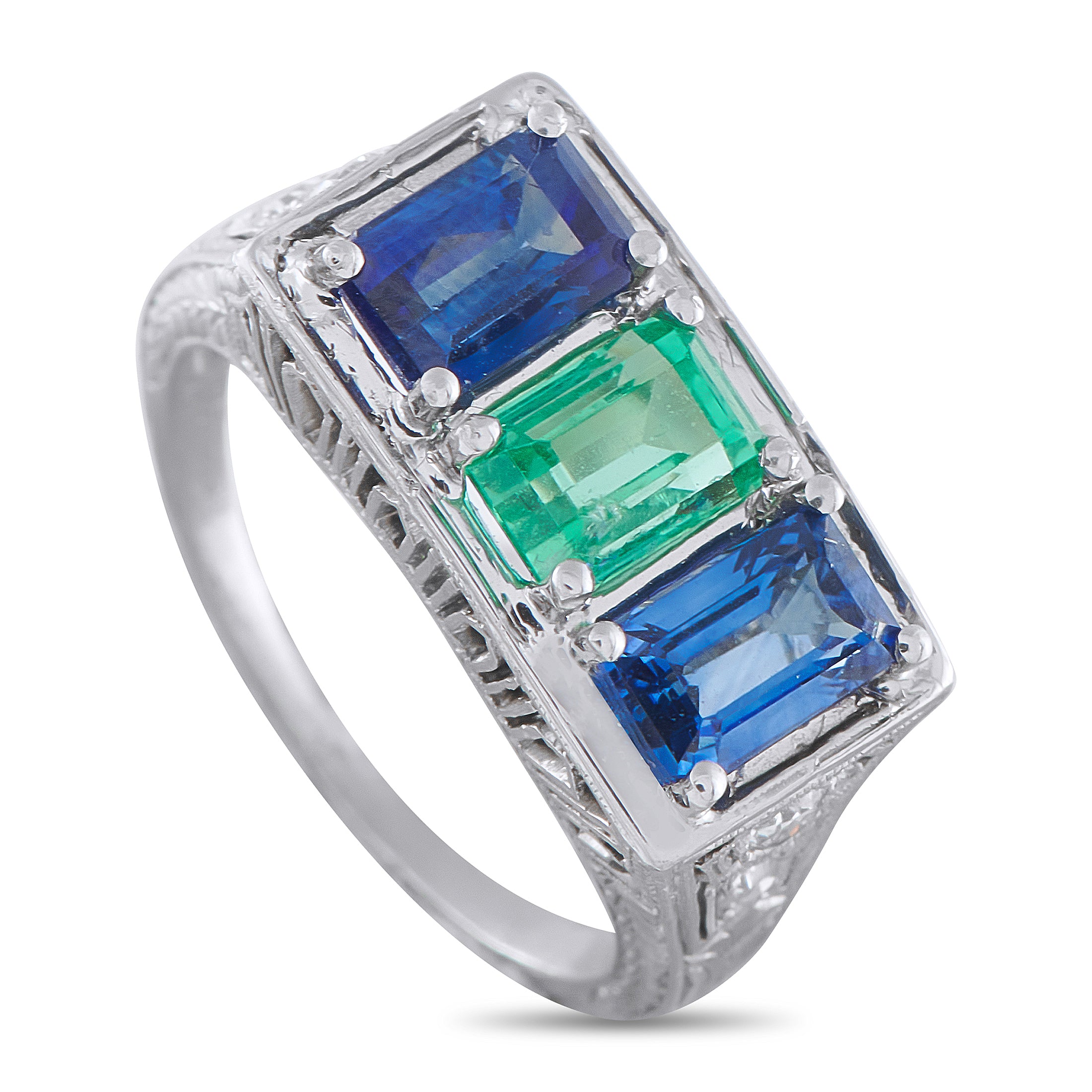 Platinum 0.10ct Diamond, Emerald, and Sapphire Ring