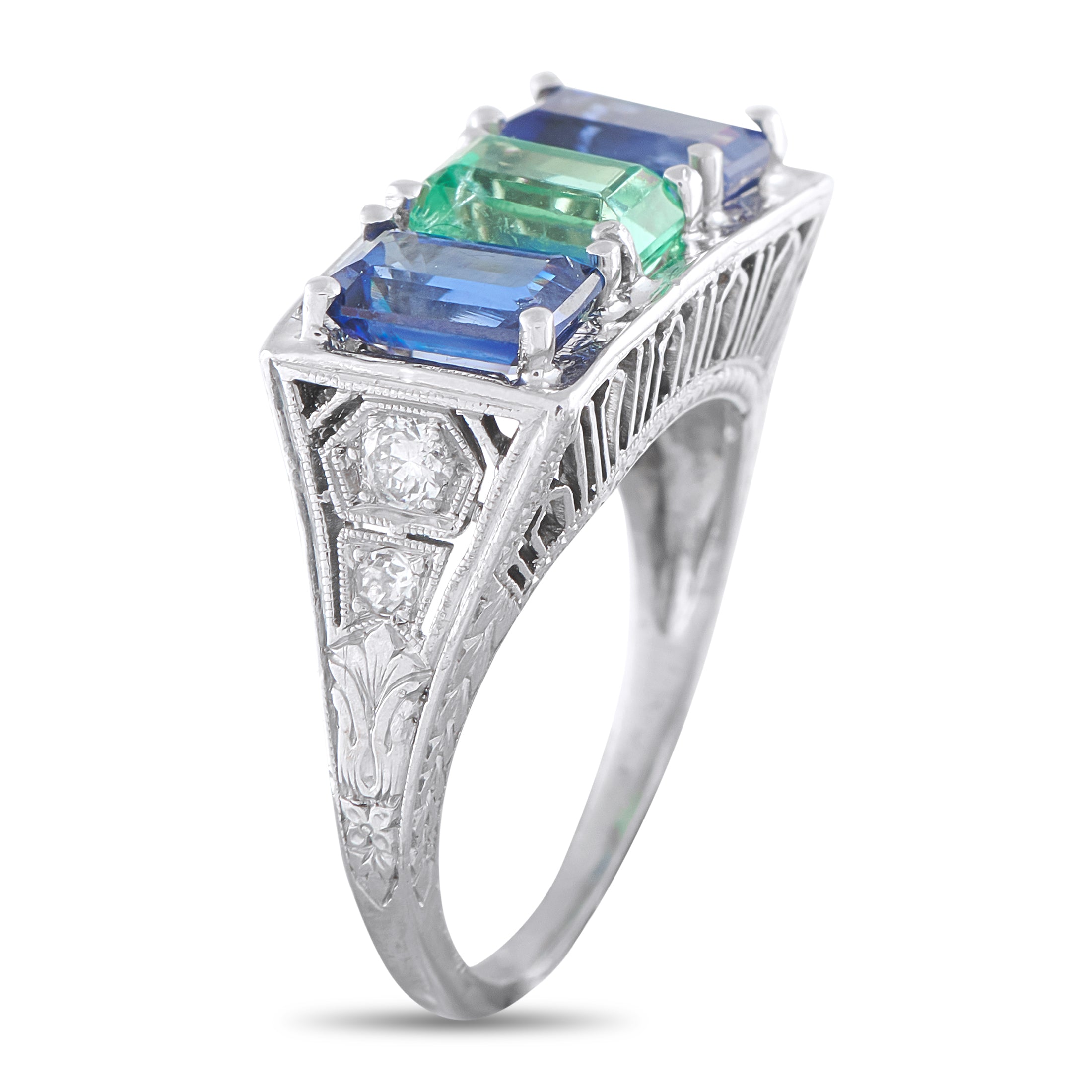 Platinum 0.10ct Diamond, Emerald, and Sapphire Ring