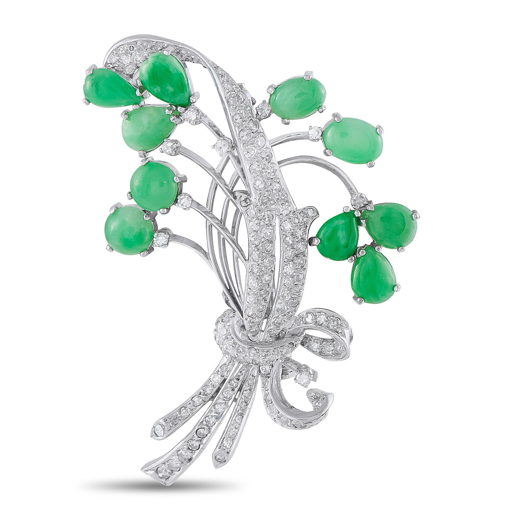 Platinum 1.10ct Diamond and Jade Floral Brooch