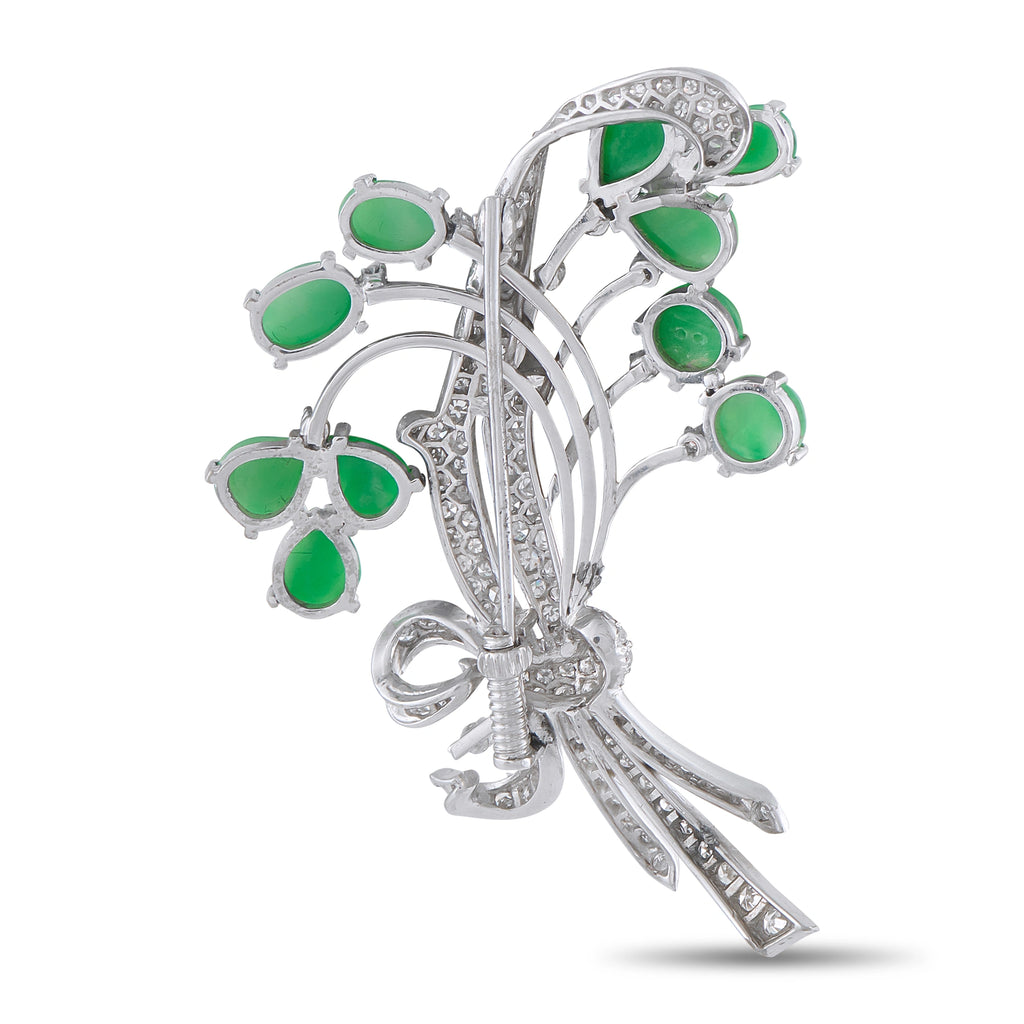 Platinum 1.10ct Diamond and Jade Floral Brooch