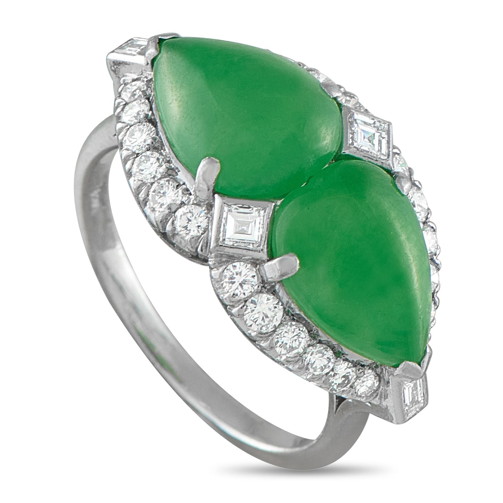 Exclusive Platinum Diamond and Jade Ring - A unique design makes this eye-catching luxury piece impossible to ignore. At the top of the Platinum setting, pear-shaped Ja