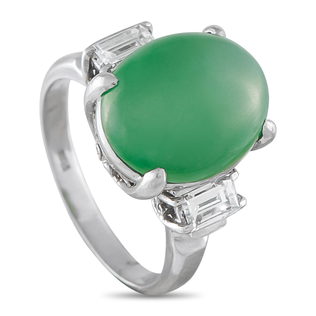 Exclusive Platinum 0.48ct Diamond and Jade Ring - More than jewelry, this ring is a symbol of balance and serenity. It is set with an oval jade cabochon, glowing in a shade th