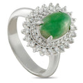 Platinum ring with oval green jade center and diamond halo clusters