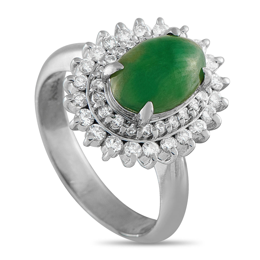 Exclusive Platinum 0.69ct Diamond and Jade Ring - This luxury ring is unique and delightfully unexpected in design. On this exquisite accessory, a double halo of Diamonds tota