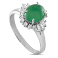 Platinum ring with oval green jade center and diamond halo cluster shoulders
