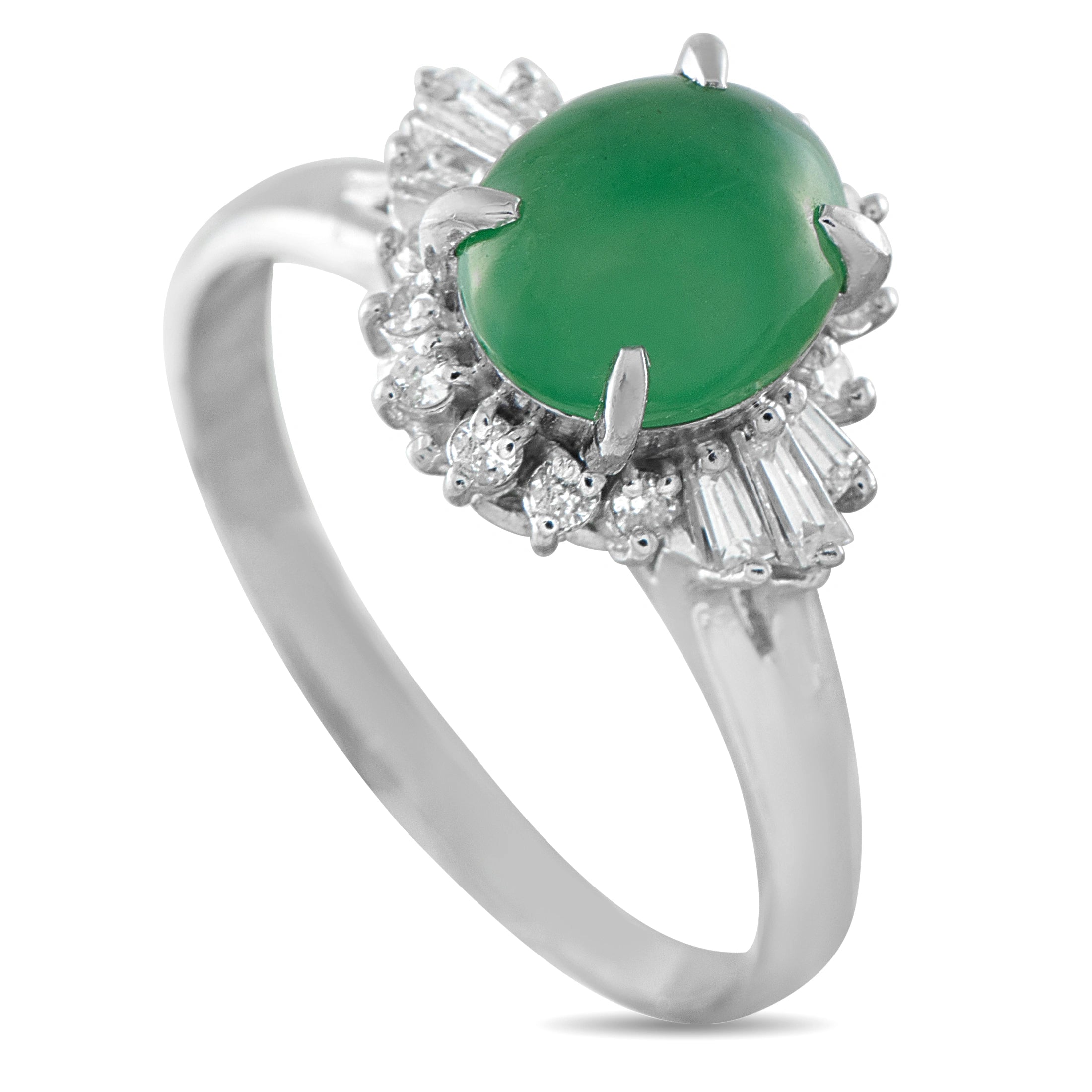 Platinum ring with oval green jade center and diamond halo cluster shoulders