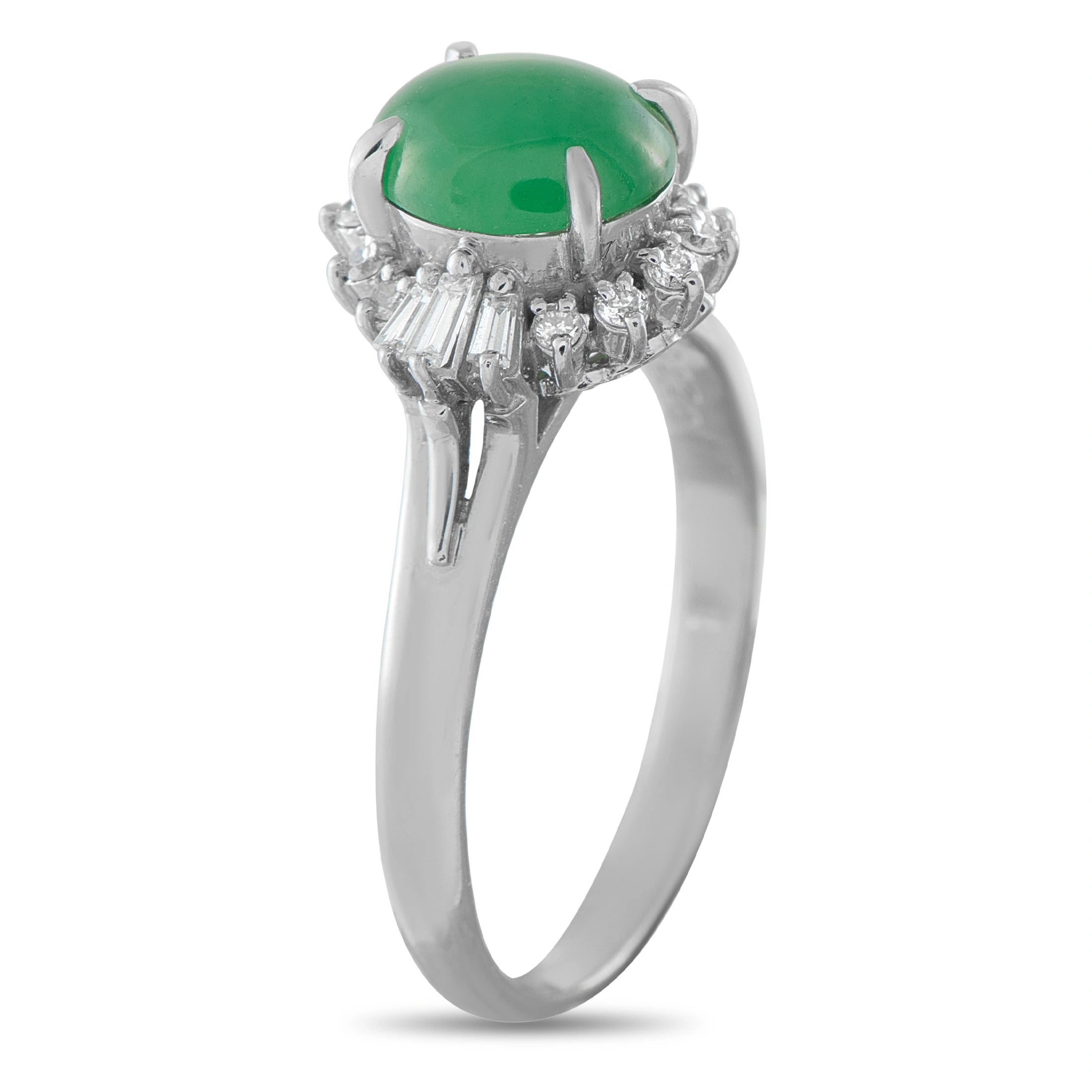 Platinum jade ring with oval green center stone and diamond baguette halo detail