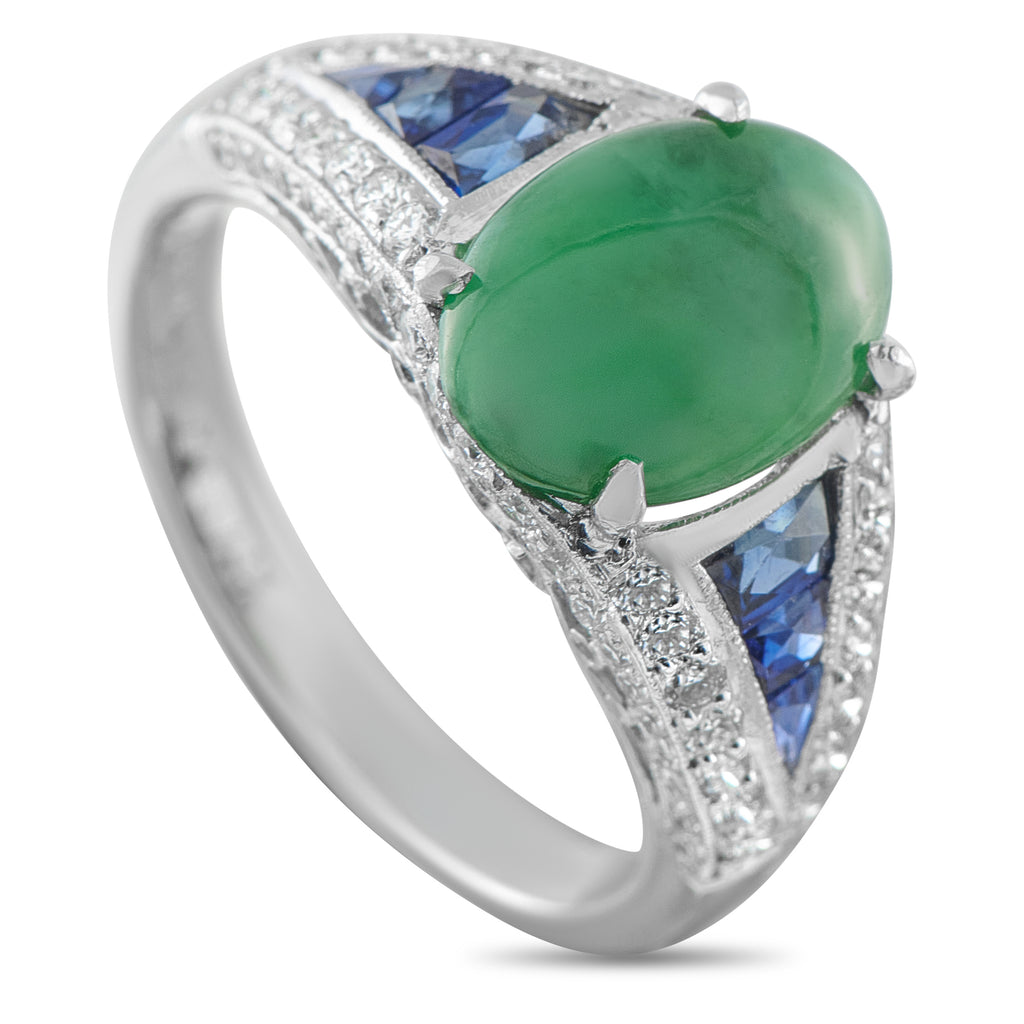 Platinum 0.40ct Diamond, Jade, and Sapphire Ring