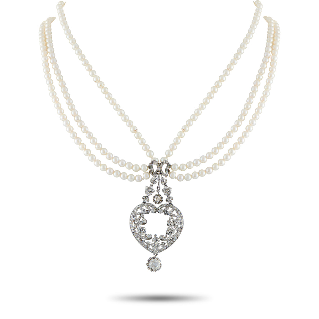 Platinum 2.45ct Diamond and Natural Pearl Multi-Strand Necklace