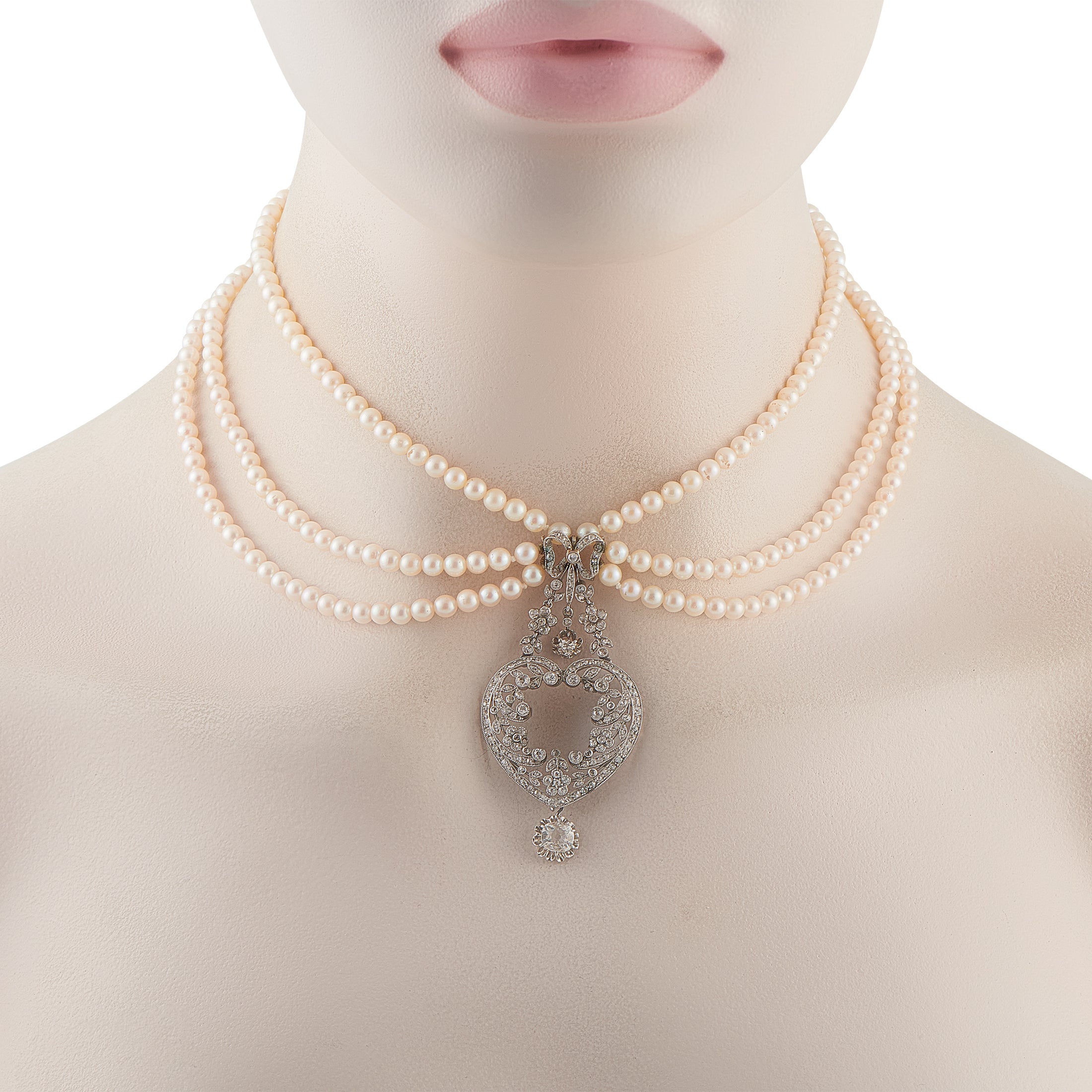 Platinum 2.45ct Diamond and Natural Pearl Multi-Strand Necklace