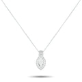Platinum diamond pear-shaped pendant with prong-set center and halo detailing