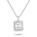 Platinum square diamond pendant with baguette center and diamond halo