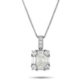 Platinum diamond pendant with square center stone and halo of round diamonds, bail top