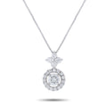 Diamond drop pendant with round halos on 18k white gold chain