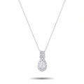 Platinum diamond pendant necklace with pear-shaped center stone and halo