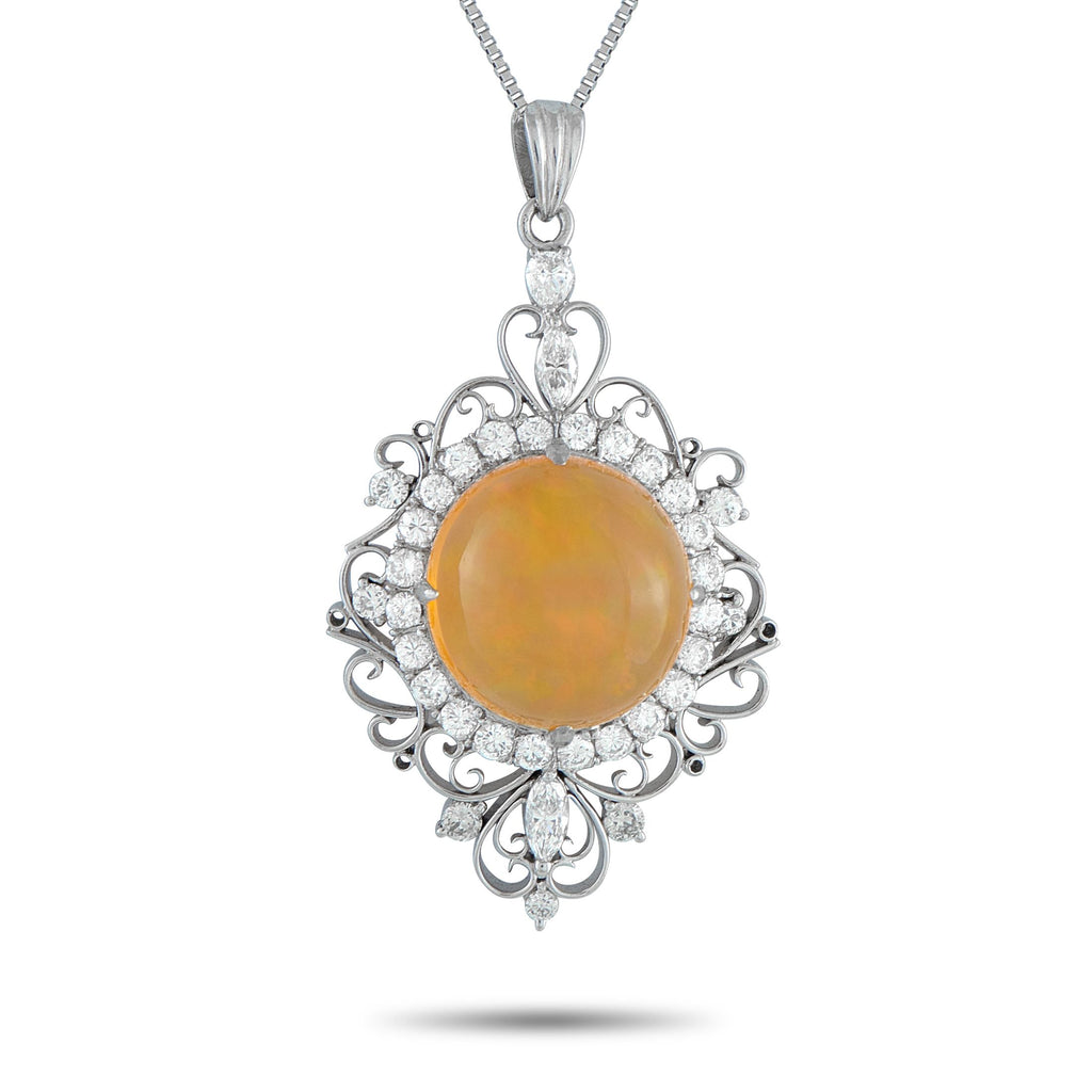 Exclusive Platinum 1.04ct Diamond and Fire Opal Necklace MF15-101525 – The design of this Exclusive  piece draws from Art Dec