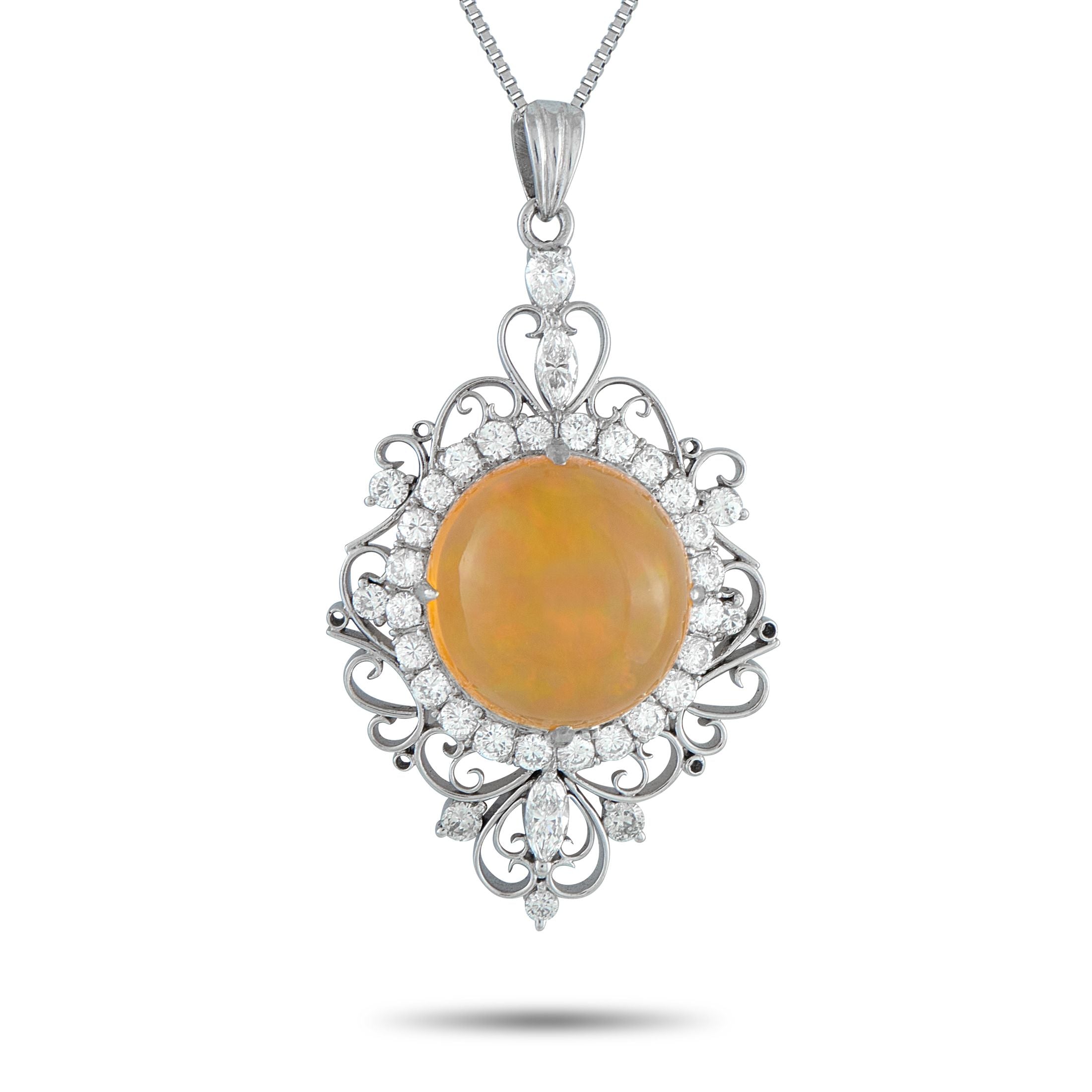 Exclusive Platinum 1.04ct Diamond and Fire Opal Necklace MF15-101525 – The design of this Exclusive  piece draws from Art Dec