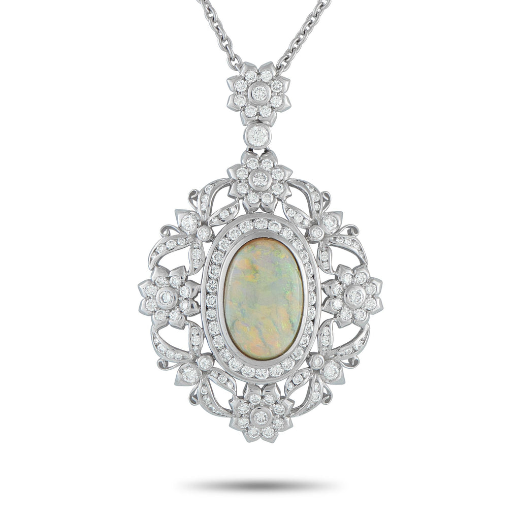 Exclusive Platinum 2.30ct Diamond and Opal Pendant Necklace MF55-101525 – Bathed in the soft fire of a 4
