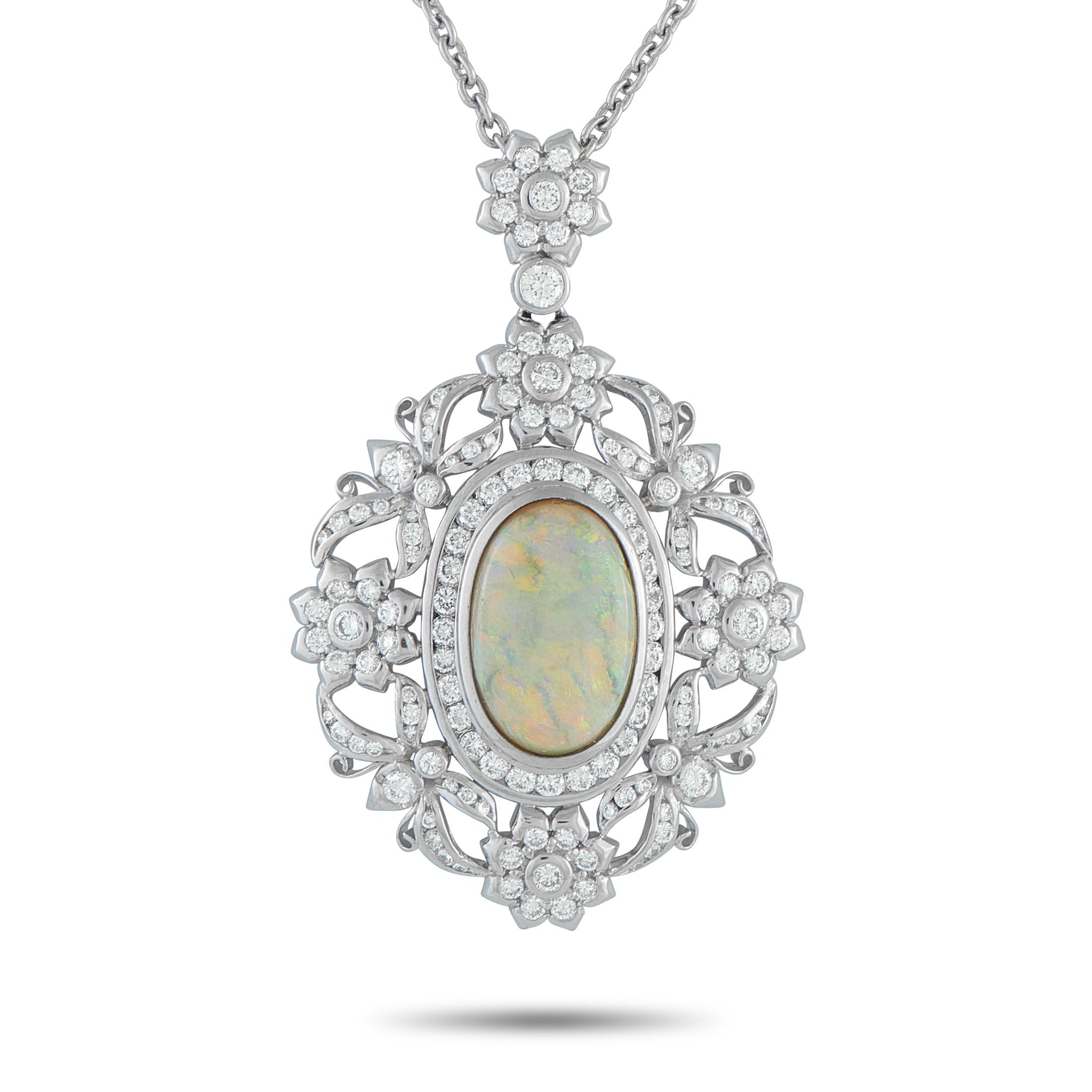 Exclusive Platinum 2.30ct Diamond and Opal Pendant Necklace MF55-101525 – Bathed in the soft fire of a 4