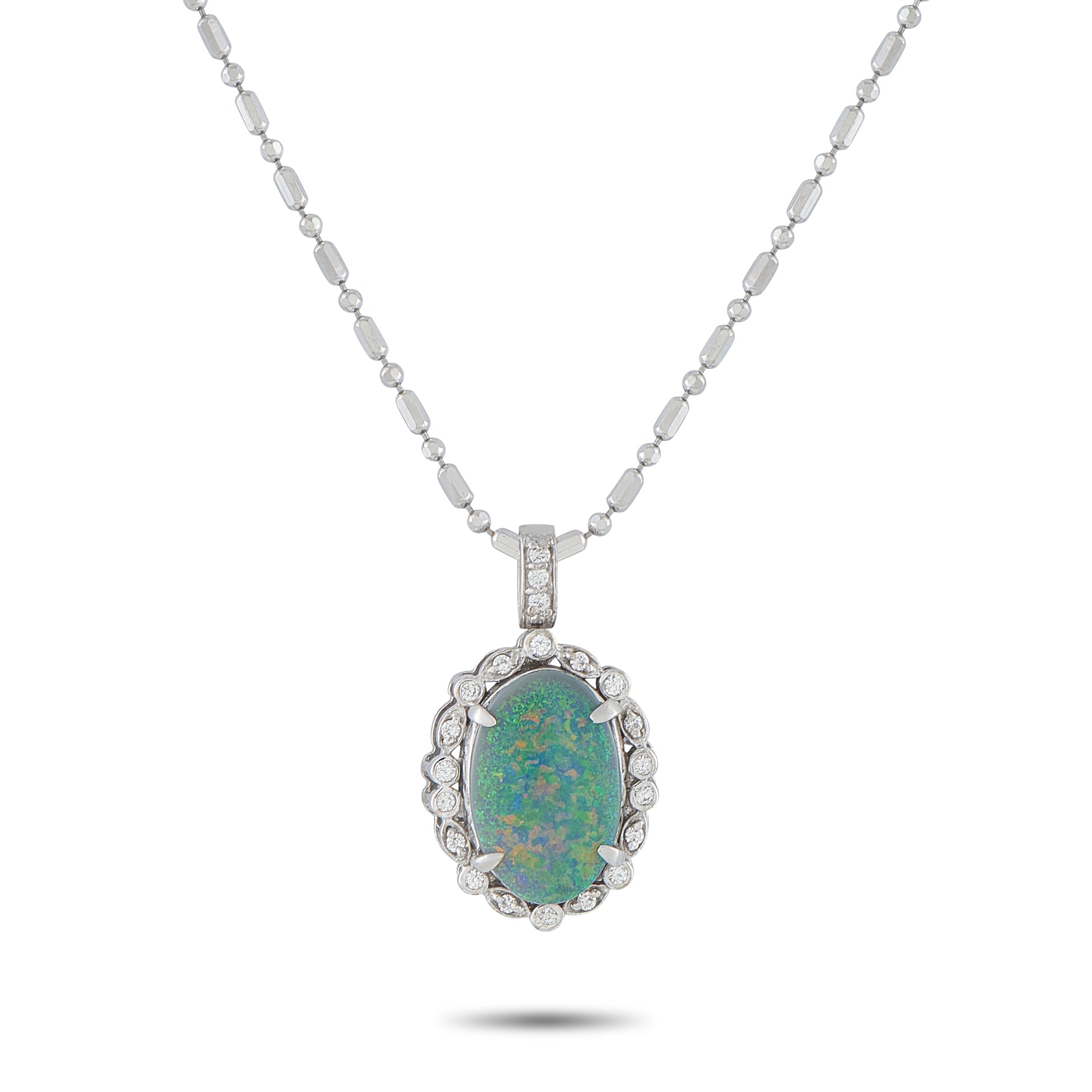 18K White Gold 0.20ct Diamond and Opal Pendant