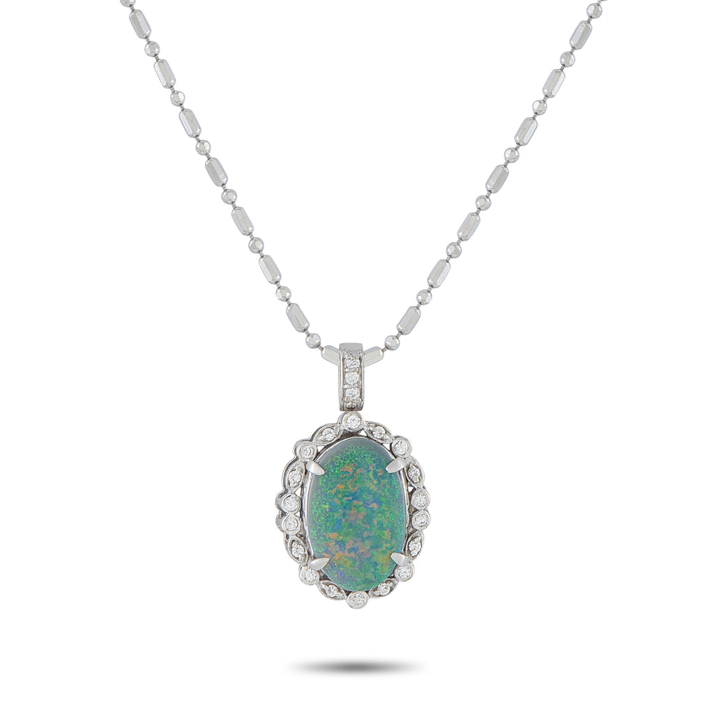 18K White Gold 0.20ct Diamond and Opal Pendant