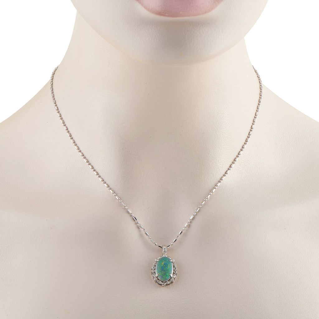 18K White Gold 0.20ct Diamond and Opal Pendant