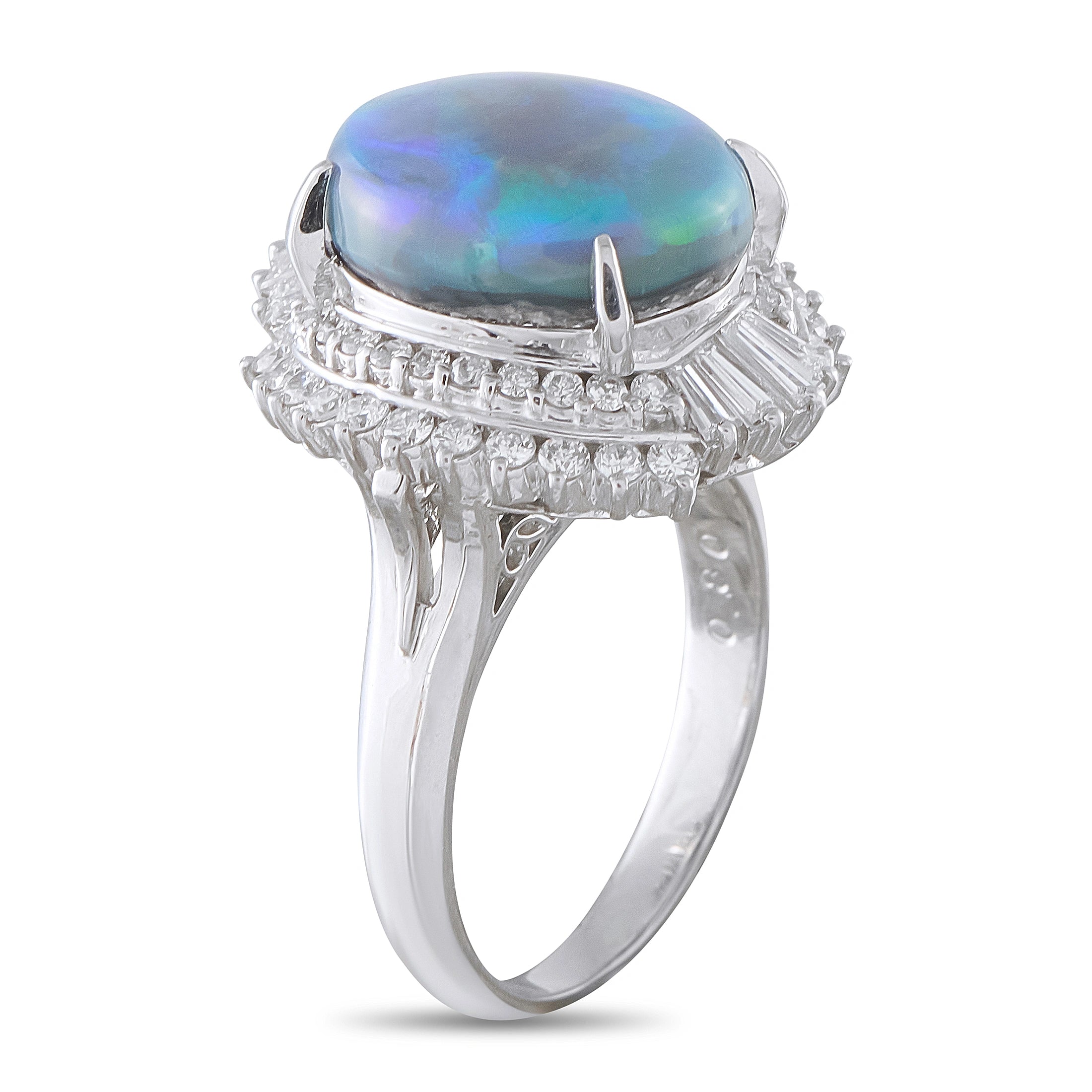 Platinum ring with oval opal cabochon and tiered diamond halo, side view