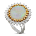 Opal cocktail ring with diamond halo and gold-tone bezel, slim silver band