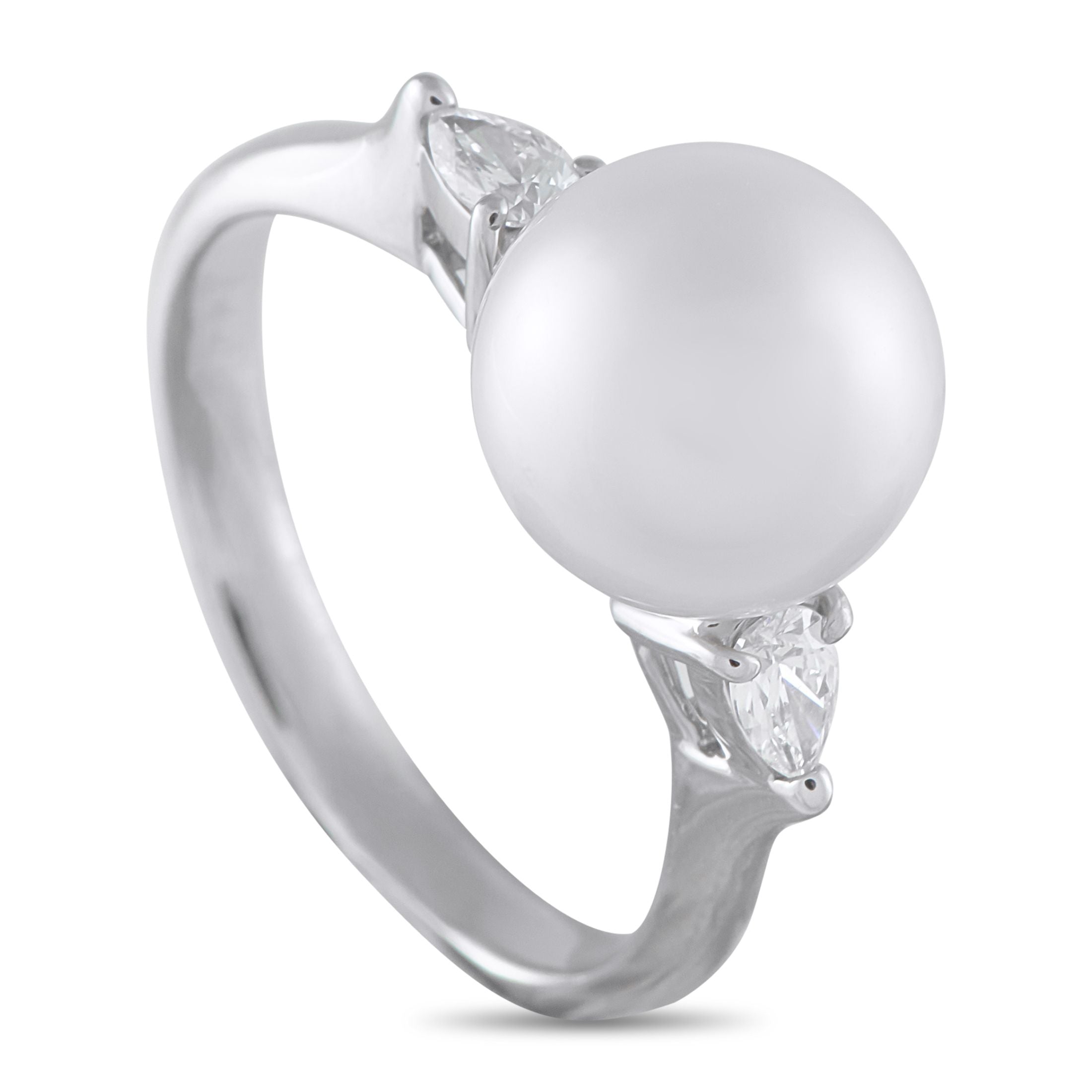 Exclusive Platinum 0.28ct Diamond and Pearl Ring - A 10.4mm white pearl, glowing between pear-shaped diamonds, sits high and luminous on a delicate 3mm-slim platinum band. The