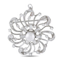 Swirl brooch with round pearl centerpiece and prong-set crystal accents, silver tone