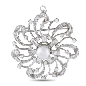 Platinum 2.10ct Diamond Pearl Swirl Brooch