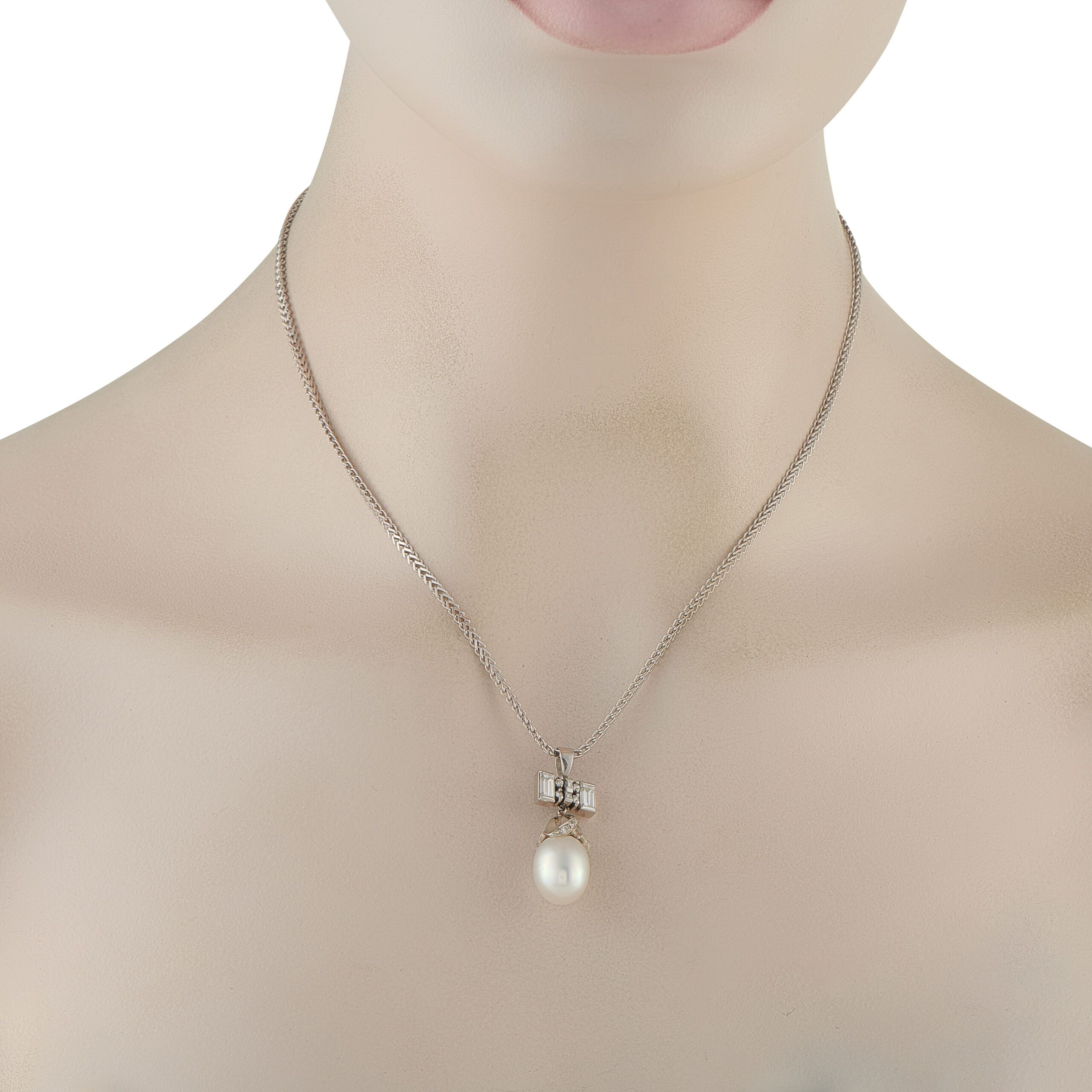 Exclusive Platinum 0.85ct Diamond and Pearl Pendant Necklace
