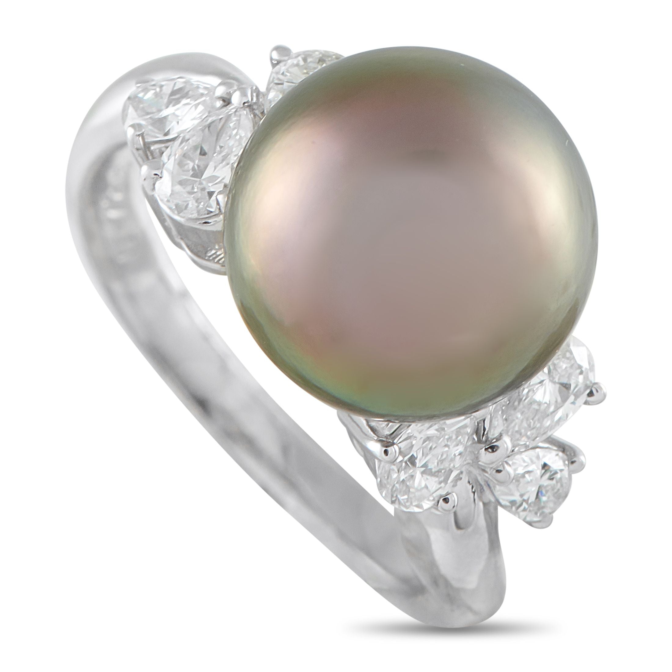 Exclusive Platinum 0.72ct Diamond and Black Pearl Ring - A single 11.78 mm black pearl crowns this ring, rising 16mm from the finger. Its peacock overtones, with flashes of gold, ros