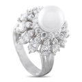 Platinum diamond and pearl cluster ring with round white pearl center