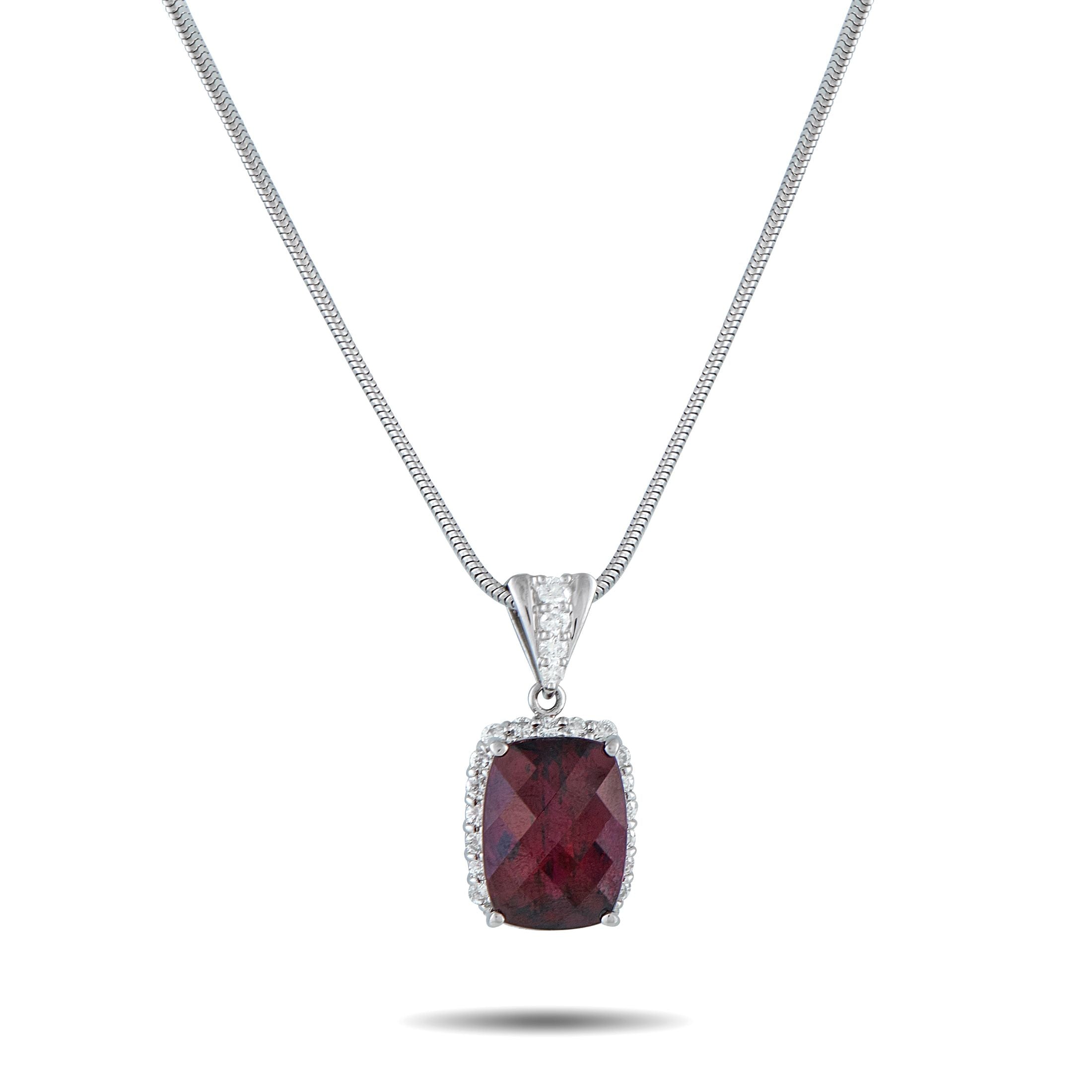 Exclusive Platinum 0.80ct Diamond and Rhodolite Garnet Pendant Necklace MF46-101525 – On this exquisite necklace, a 14