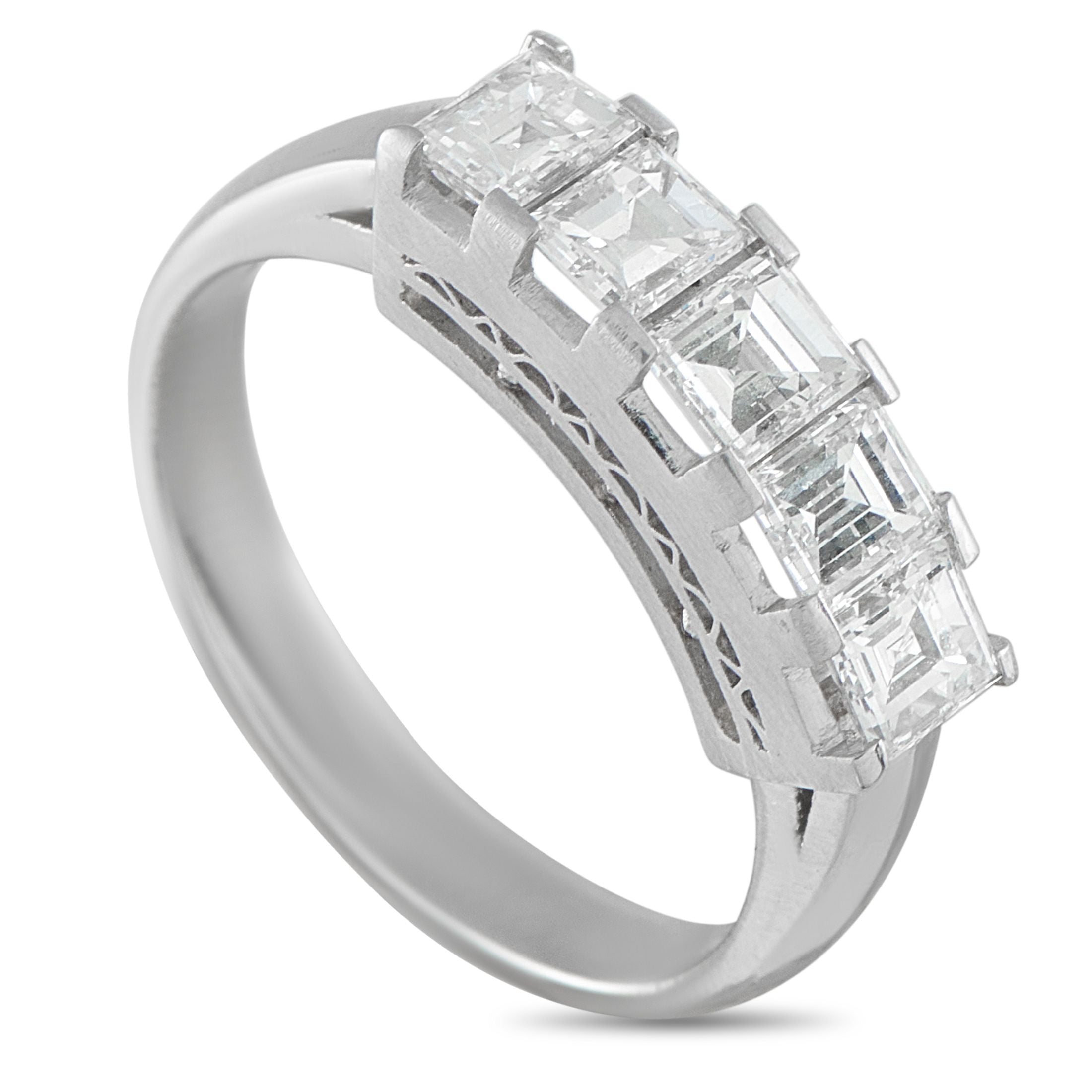 Exclusive Platinum 1.20ct Diamond Ring - A series of square-cut Diamonds with a total weight of 1.20 carats shine brightly from their place within this ring’s detaile