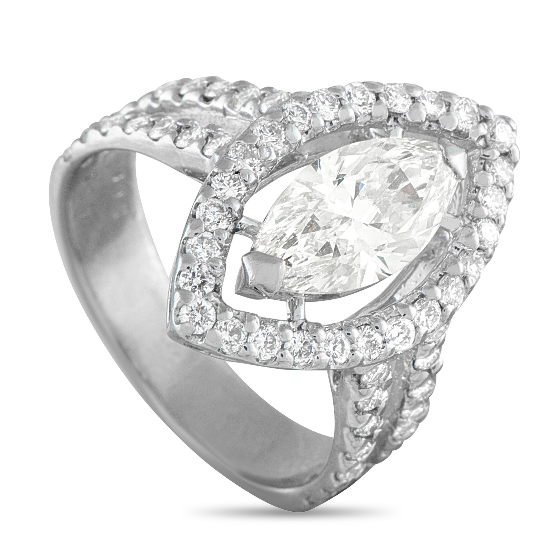 Exclusive Platinum 1.60ct Diamond Ring - This luxury ring will continually impress. A 1.0 carat marquise cut Diamond seemingly floats at the center of the ornate Plat