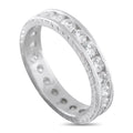 Platinum diamond eternity band with square-set bezel diamonds, polished shine