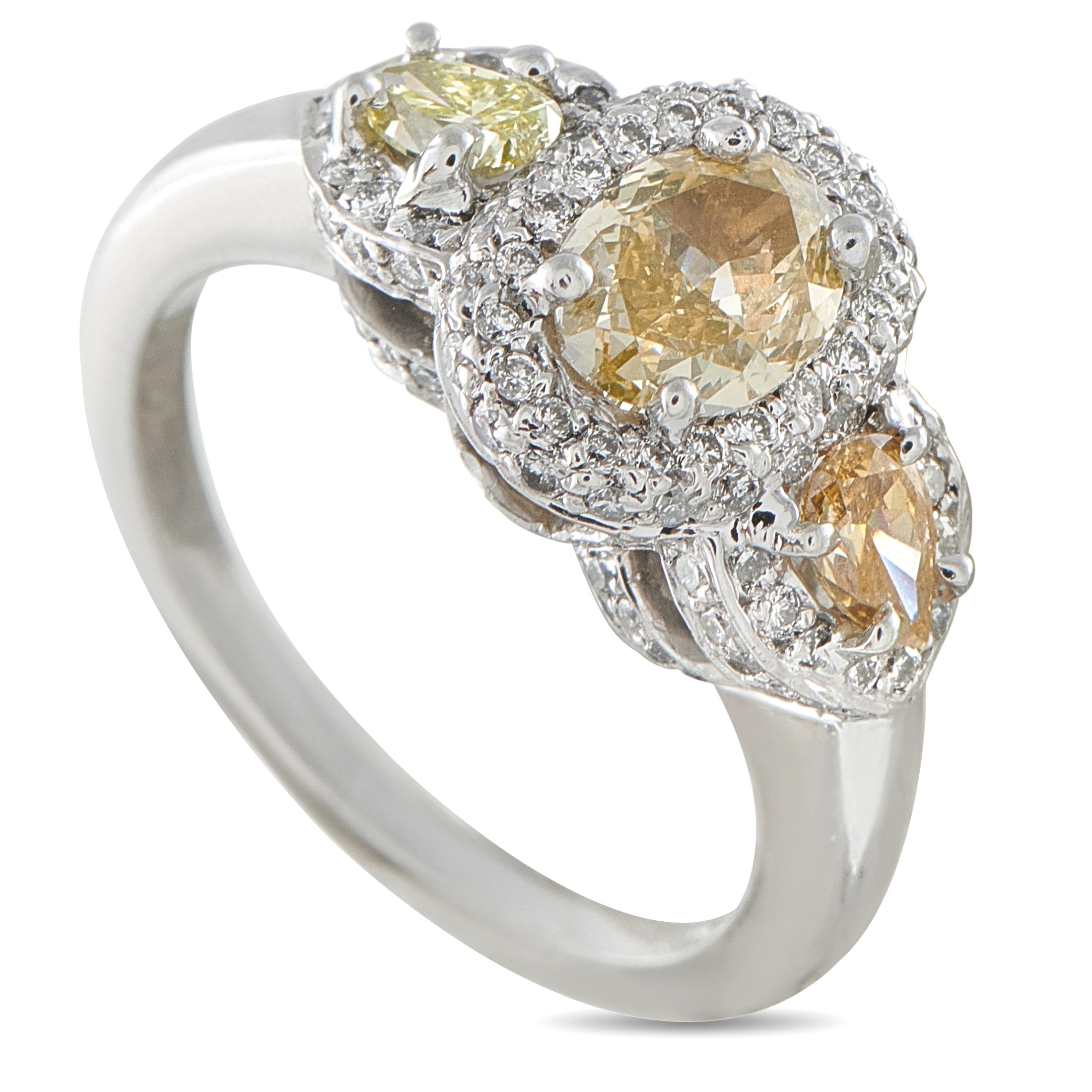Platinum diamond three-stone halo ring with round yellow center and side stones