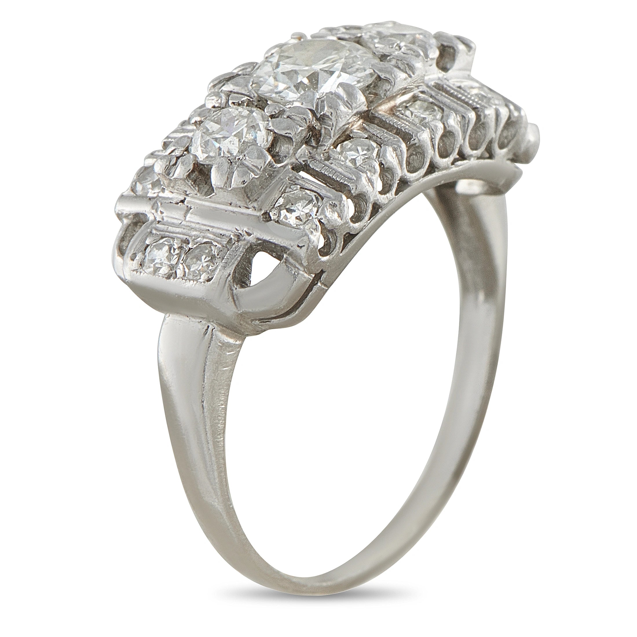 Platinum art deco diamond ring, side view with bezel-set round stones