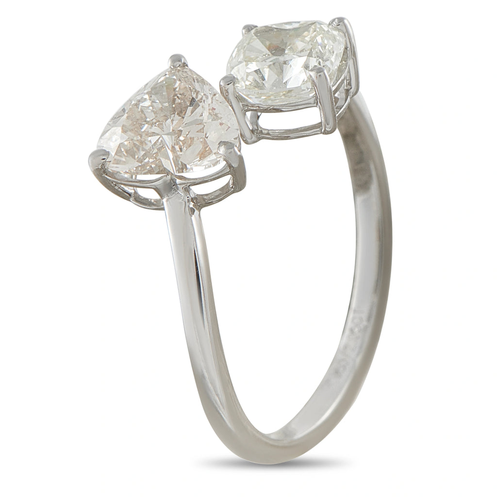 Platinum toi et moi diamond ring with two cushion-cut stones and split V setting