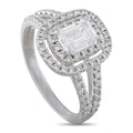 Platinum diamond ring with cushion halo and split pavé band, emerald-cut center stone