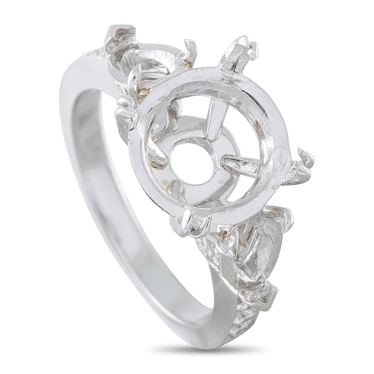 Platinum diamond mounting ring with round center halo and prong-set stones