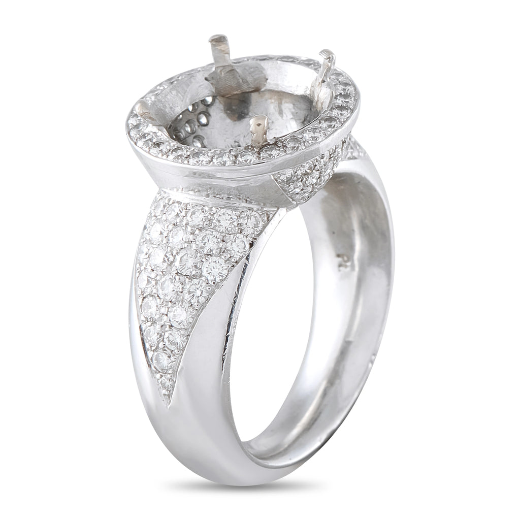Platinum diamond halo ring with split shank and round center bezel